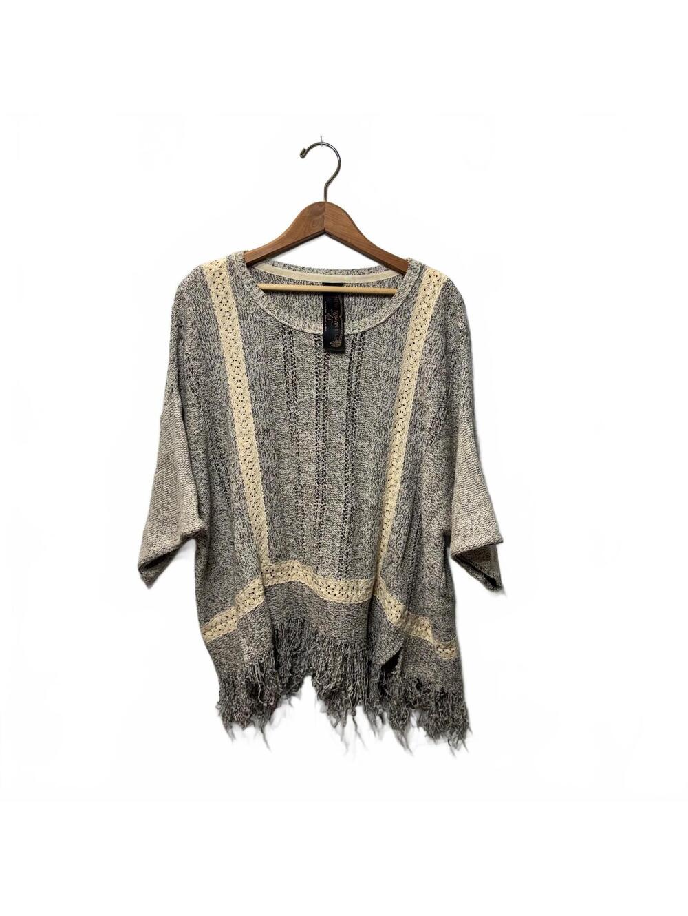 New Romantics Gray Cream Crochet Fringe Poncho Sweater XS